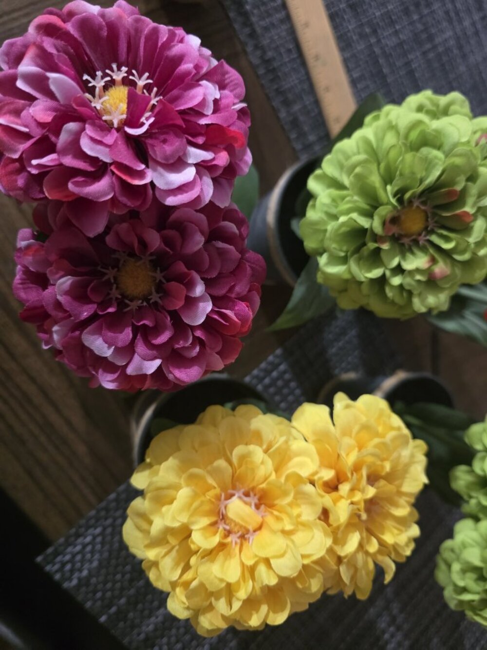Set of 6 artificial flowers in grey metal pots with twine rope accent